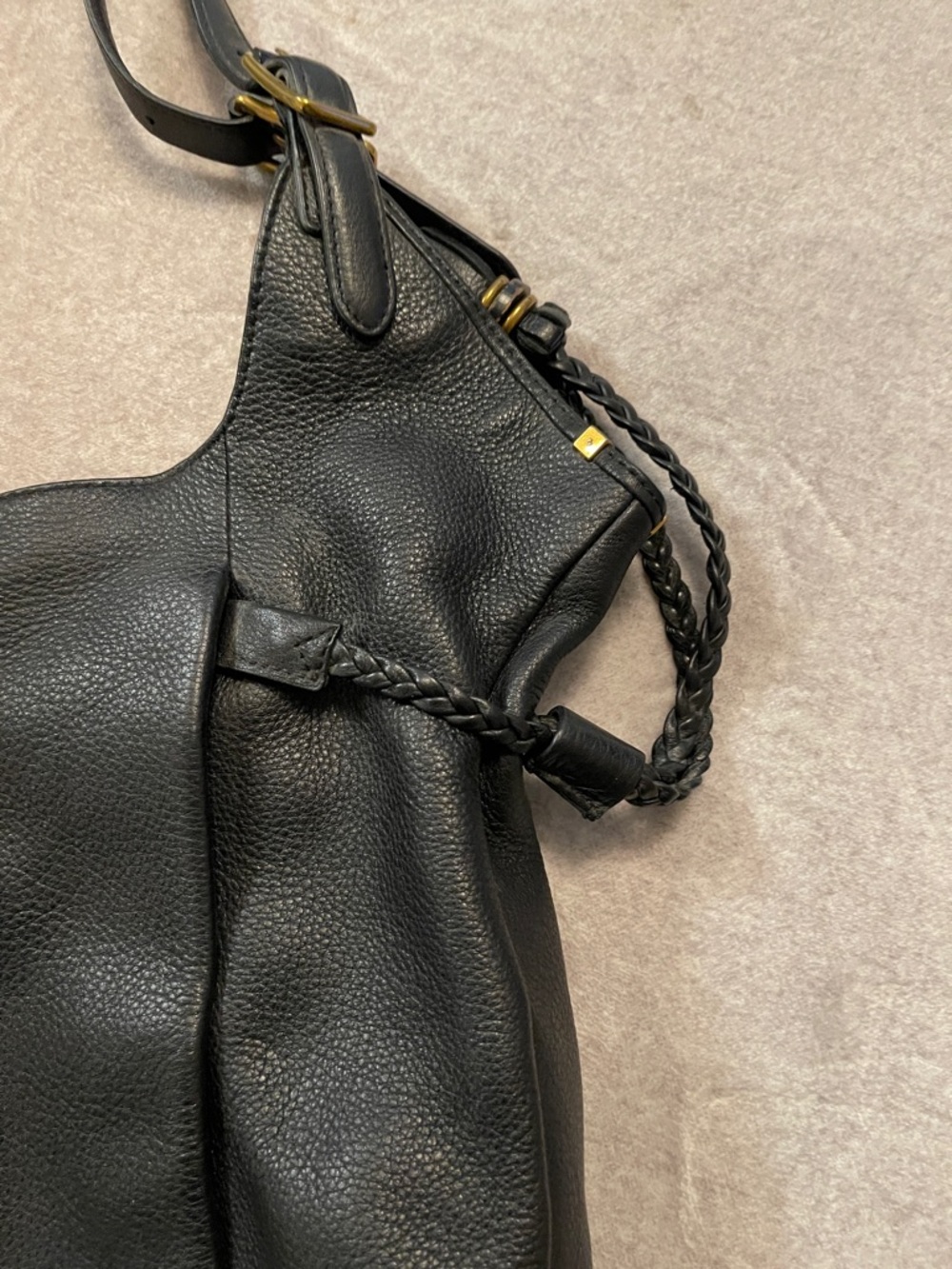 Elliott Lucca Black Pebbled Leather Slouchy Hobo Bag Braided Tassel Boho - Picture 11 of 16